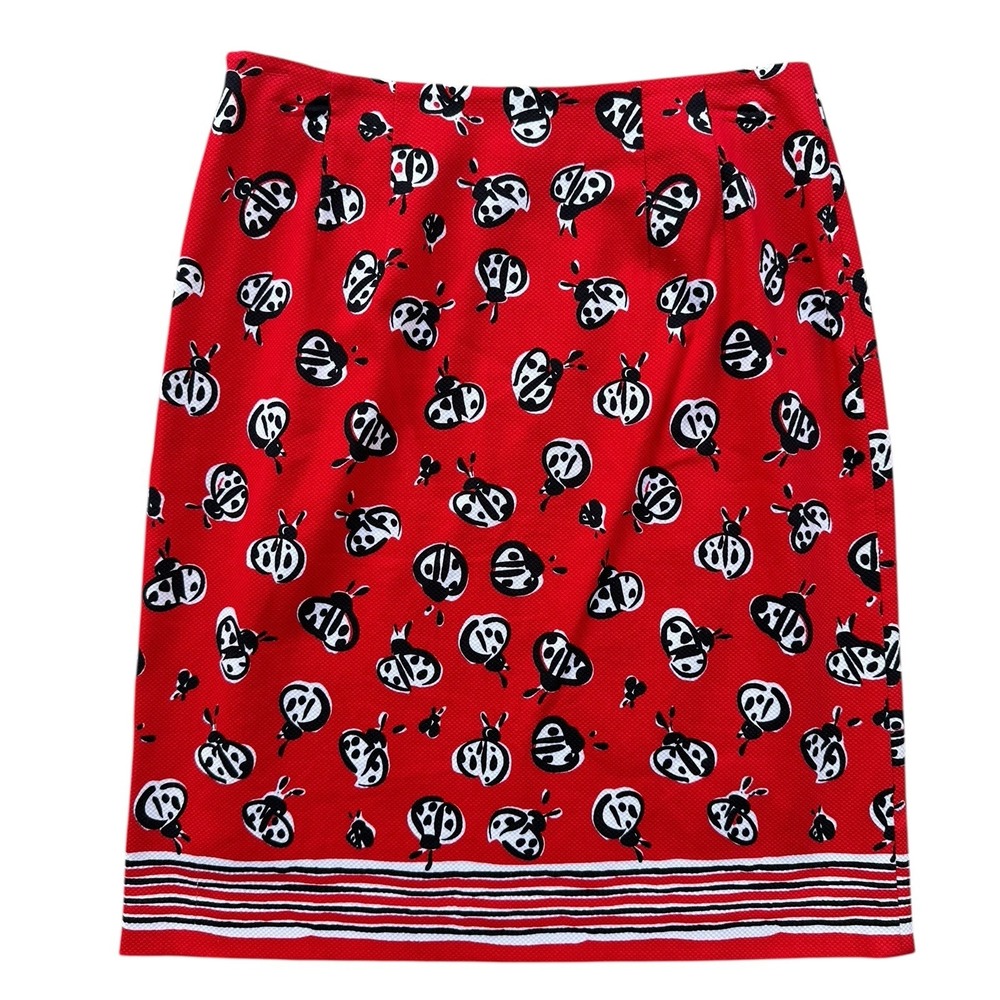 Talbots Stretch Midi Skirt A-Line Women's Size 6 Red Black Ladybug Print EUC
